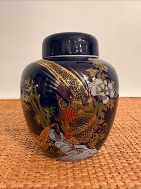 Vintage Cobalt Blue Ginger Jar with Pheasant & Floral Motif, Made in Taiwan 5.5"